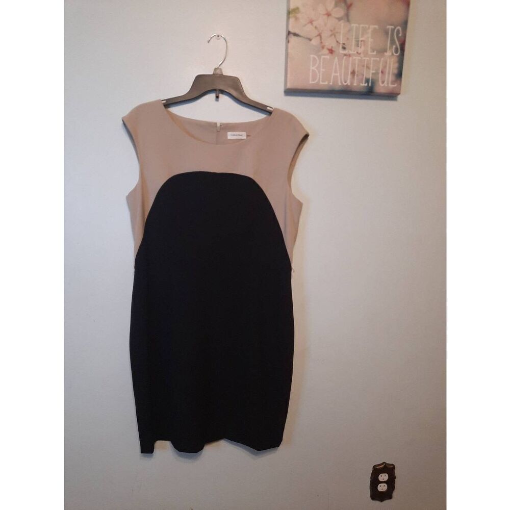 CALVIN KLEIN BLACK AND TANCOLOR BLOCK SHEATH Career DRESS US SIZE 14